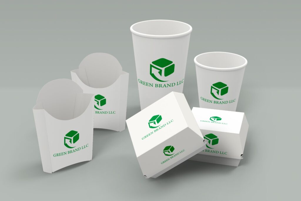 Paper cups, burger boxes, and pouches - eco-friendly packaging solutions by GreenBrand UAE.