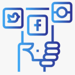 Illustration of hands holding various social media icons, representing social media handling for GreenBrand UAE.